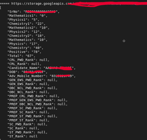 Redacted screenshot from Rylen Anil's X post showing a sample exposed JEE Advanced result JSON record